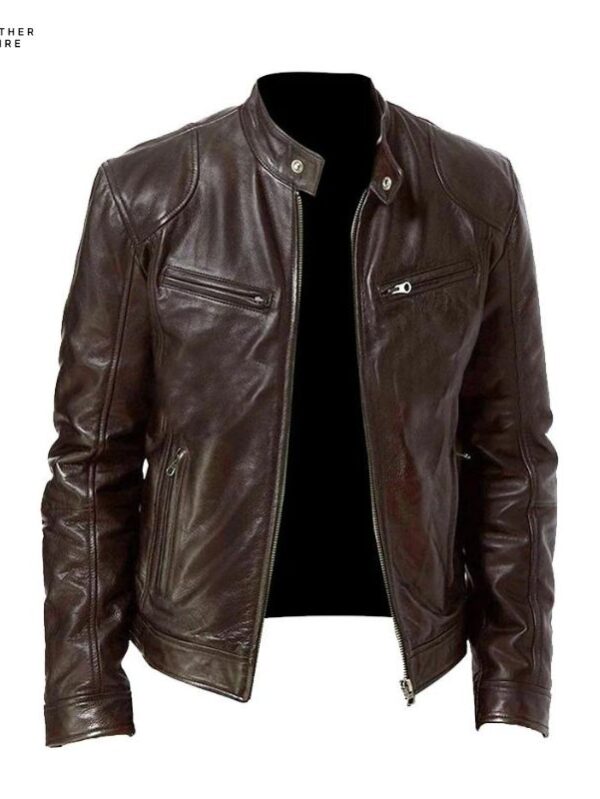 Men’s Anti-Wind Motorcycle Lapel PU Leather Jacket Slim Fit