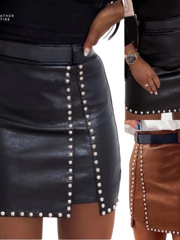 A-Line-Studded-Decor-PU-Leather-Mini-Skirt