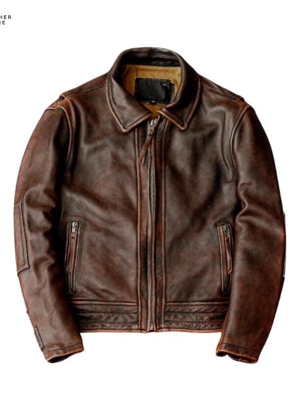 Asian Size 6XL Vintage Brown Cowhide Jacket, Genuine Leather Slim M