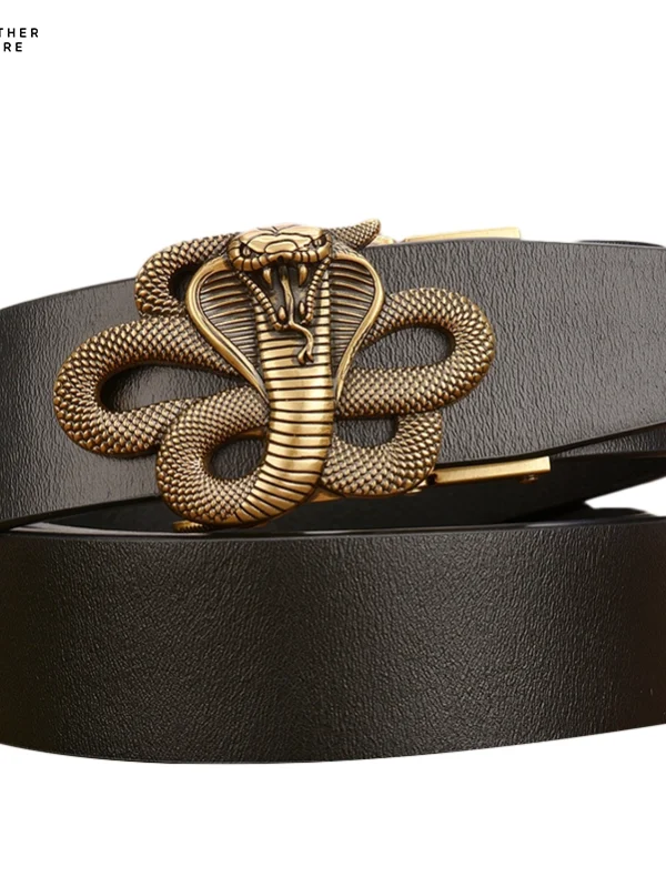 Automatic Buckle Belt Leather Cobra Casual Men Black Golden Buckle