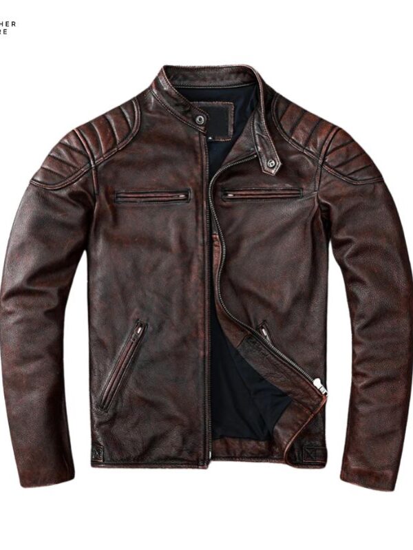 Autumn Spring Vintage Yellow Brown Leather Moto Coat, Men Genuine Leather Jacket