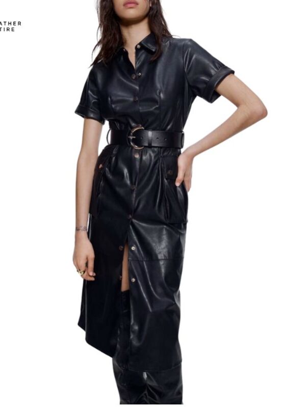 Black PU Faux Leather Dress for Women - New Arrival with Short Sleeves, Includes Matching Belt, Vintage-Inspired Elegance