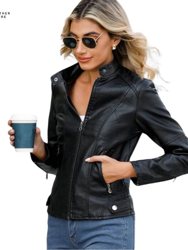 Black PU Leather Coat Women Spring Autumn Stand-up Collar Moto Biker Jacket