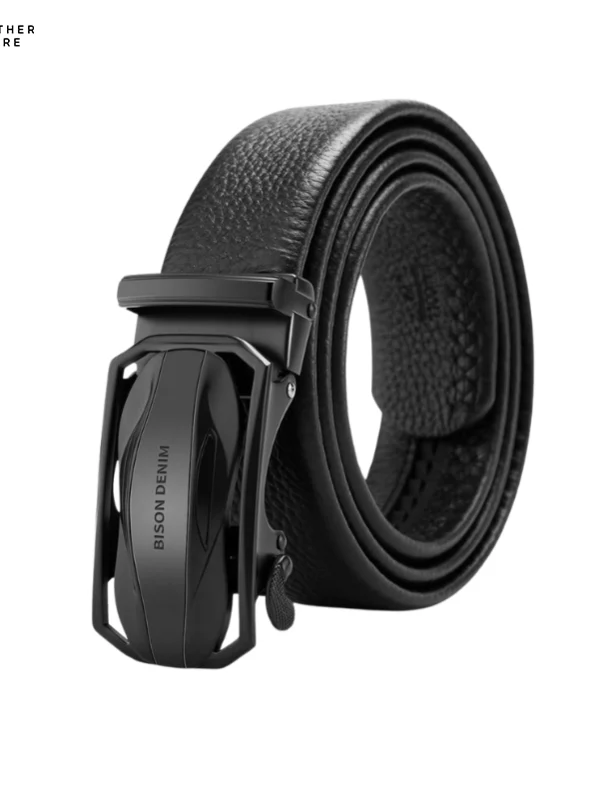 Black leather belt with a black metal buckle Front