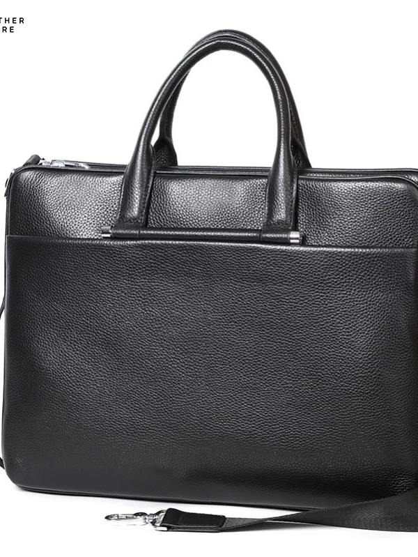 Black leather briefcase with a detachable shoulder strap