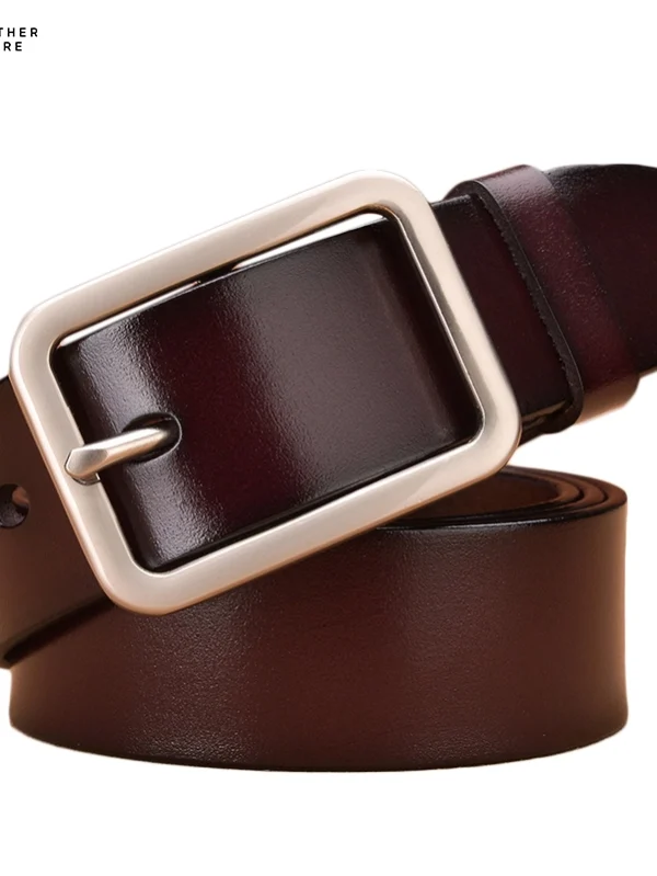 Brown leather belt with Rectangle silver buckle Brownish