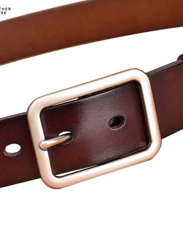 Brown leather belt with Rectangle silver buckle brown front