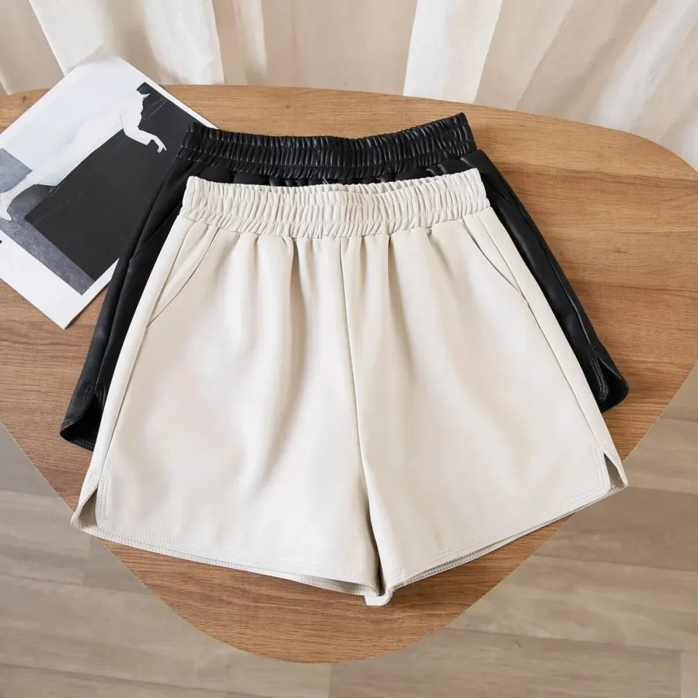 Casual Women High waist Slimming Pu Leather Black A pants Loose Plus size Shorts Outdoor Wear 1