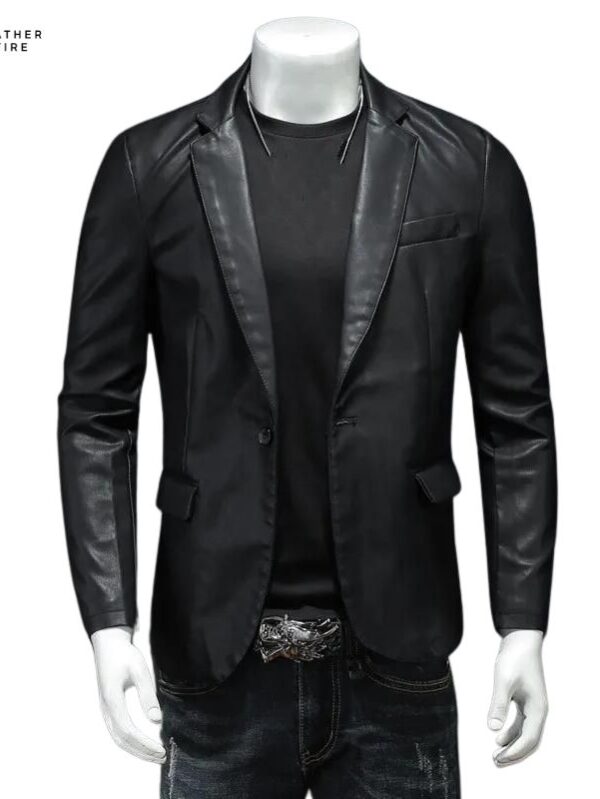 Classic Black Blazer New Men’s Slim Fit Leather Jacket with Turn-D