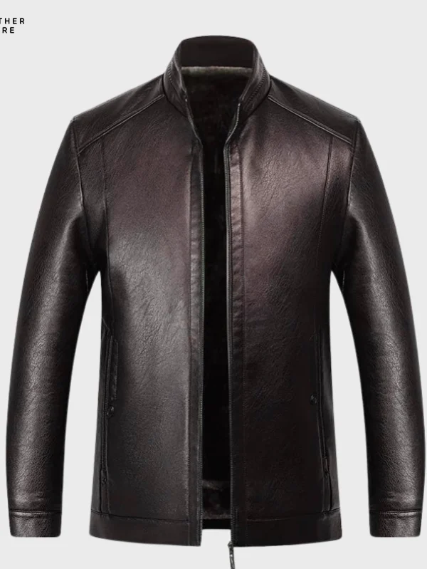 Classic Elegance - Men’s Business Casual Natural Leather Jacket featuring Stand-up Collar and Fu