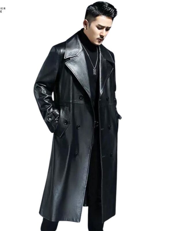 Cool Waterproof Black PU Leather Men’s Trench Coat for Spri