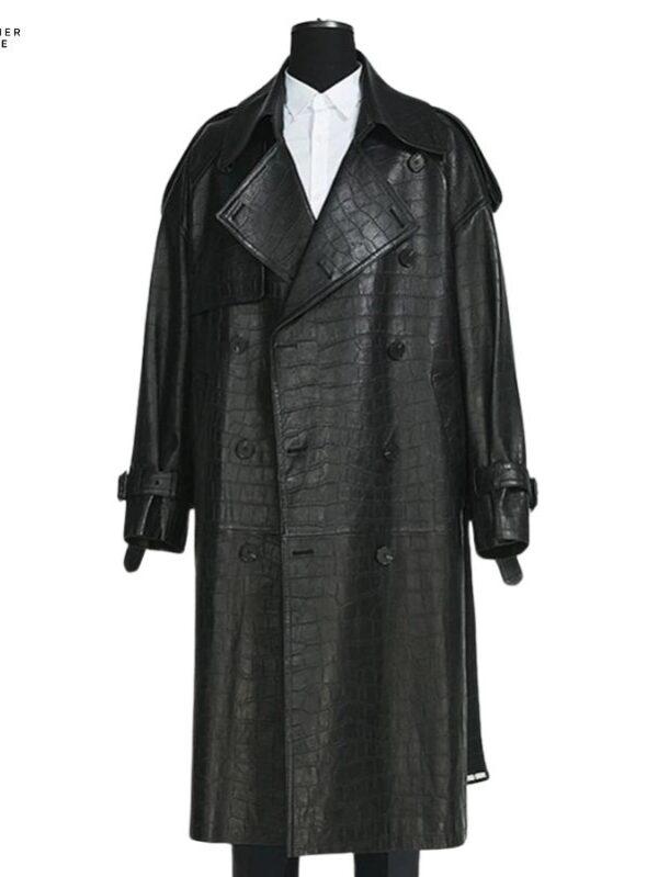 Crocodile Elegance Long Black PU Leather Trench Coat with S