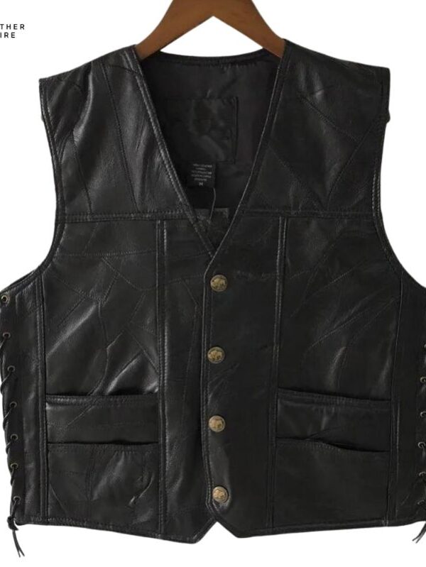 Fashion Sheepskin V-neck Vest for Men Leather Stitching, Single-Breasted