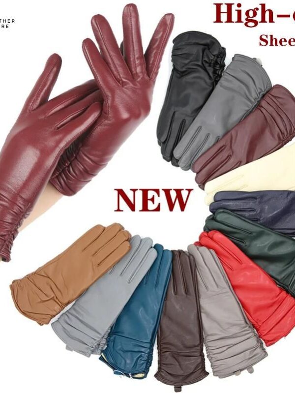 Genuine Leather Women’s Winter Gloves with Pleated Design