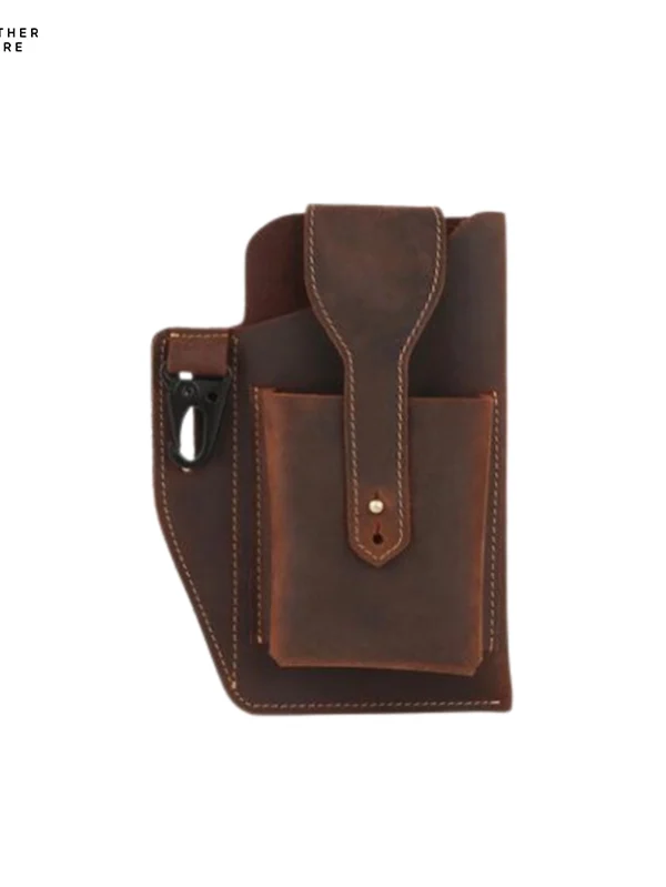 Leather Phone Bag Men's Leather Belt Pockets Brown