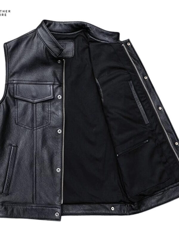 Men’s Black Collar Sleeveless Faux Leather Vest Coat Single-Breaste