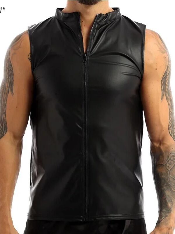 Men’s Black Motorcycle PU Leather Vest Zipper, Plus Size, Slim Fit