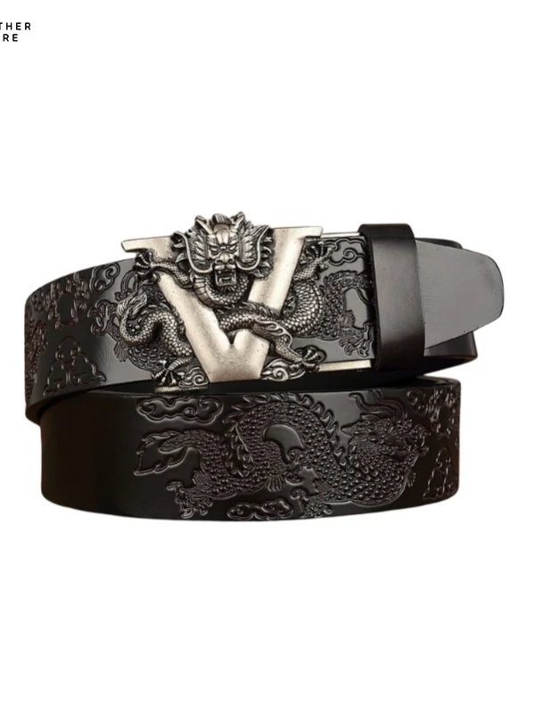 Mens Leather Belt with a Dragon Buckle Black Silver