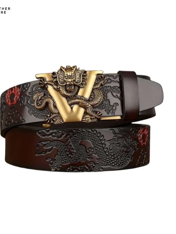 Mens Leather Belt with a Dragon Buckle coffee