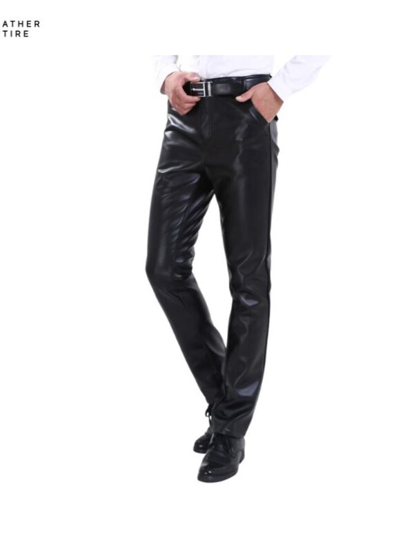 Men’s Leather Pants Straight Fit Elastic PU Leather Casual Trousers Thin (4)