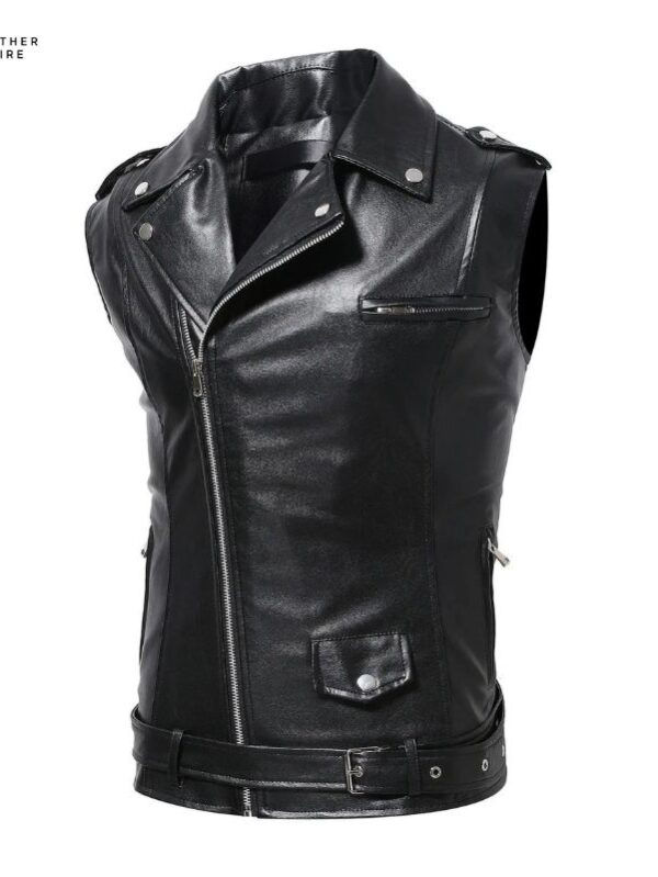 Men’s Single-Breasted Up and Down PU Vest Jacket Black Collar Sleev