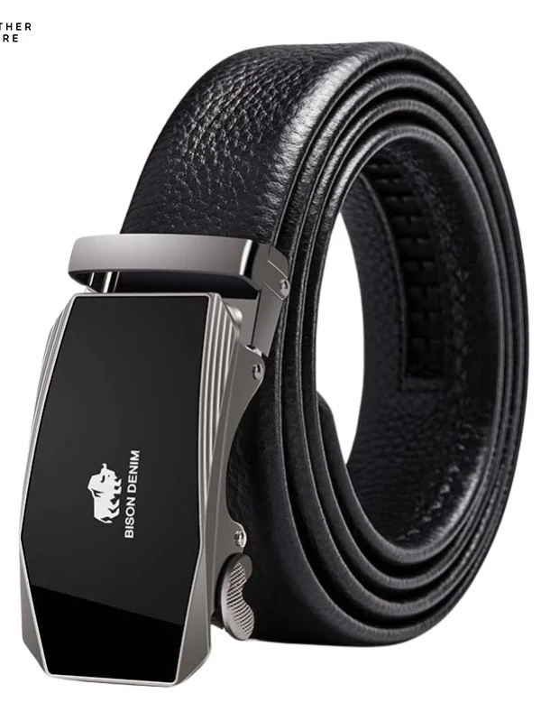 Men’s black leather belt with a silver buckle