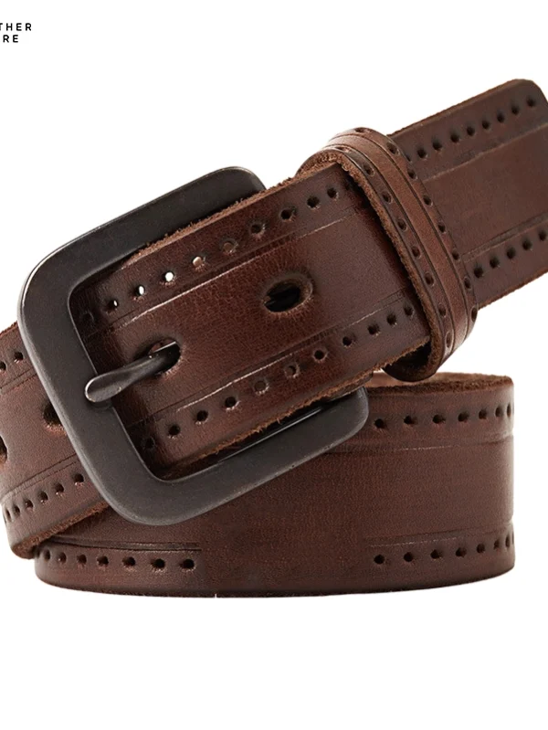 Men's brown leather belt with a black and rectangular buckle