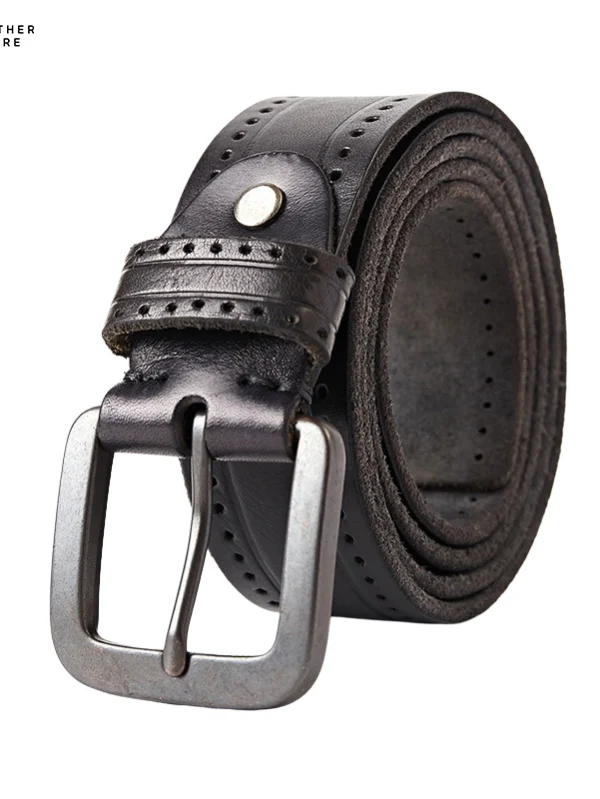 Men's brown leather belt with a black and rectangular buckle black