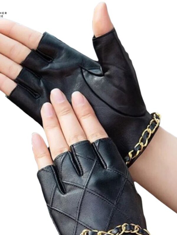 Motorcycle Biker Half Gloves Women’s Genuine Leather with Metal Chain