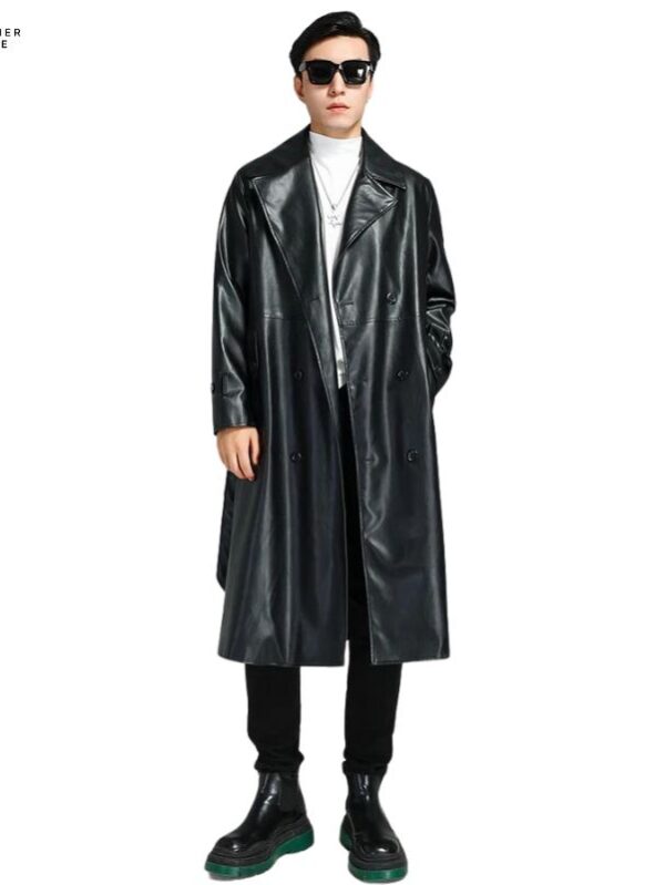 Nerazzurri AutumnWinter Long Black Soft PU Leather Trench Coa