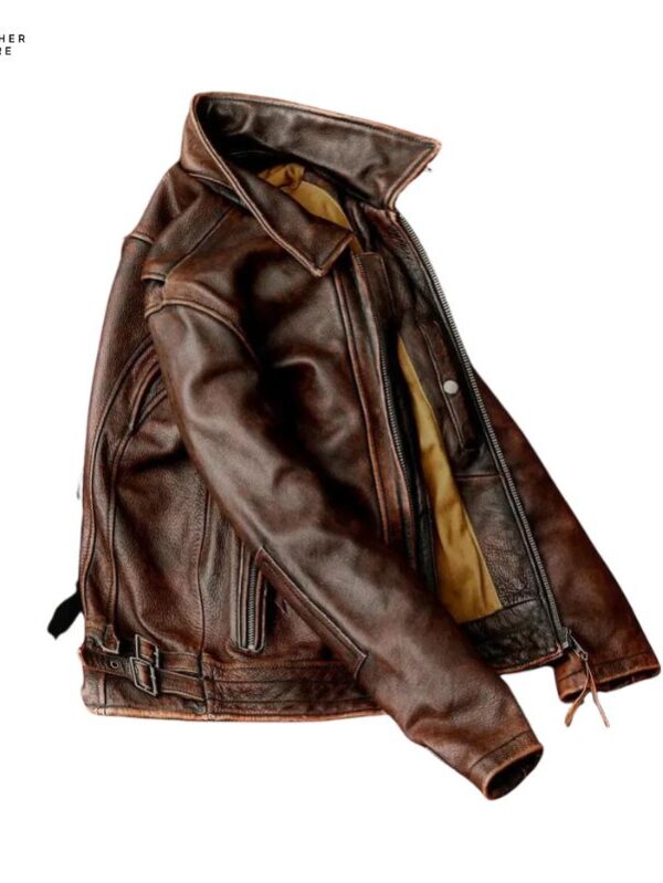 New Style Men’s Genuine Cowhide Leather Coat, Vintage Brown Slim Bi