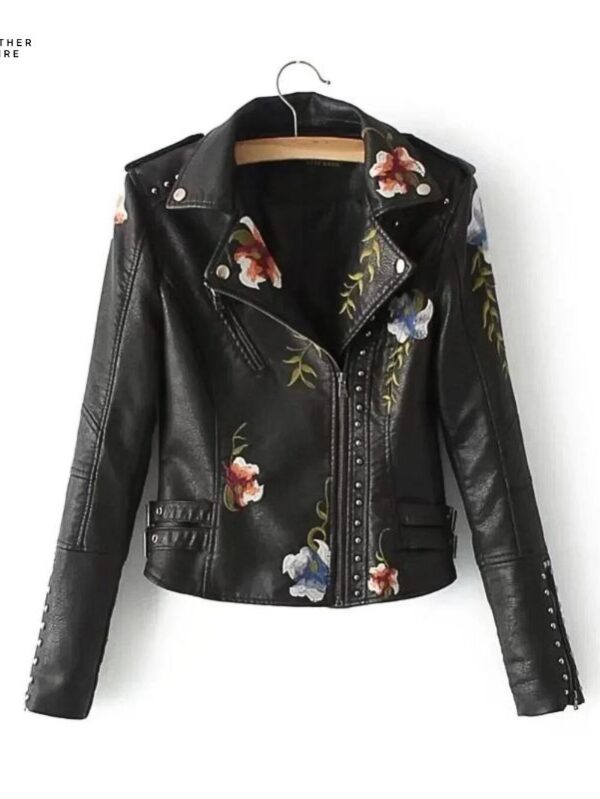 PU Leather Embroidered Rivet Moto & Biker Jacket for Women