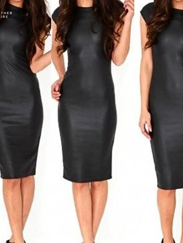 PU-Leather-Midi-Office-Dress-Sexy-Short-Sleeve-Bodycon-for-Women