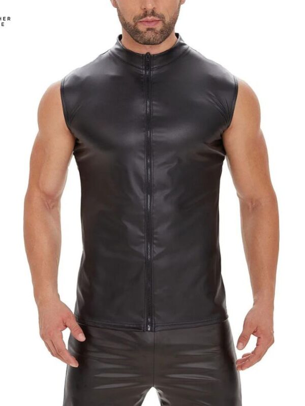 Plus Size Men’s Sleeveless Leather Tank Top Soft Matte T-Shirts, High Elastic