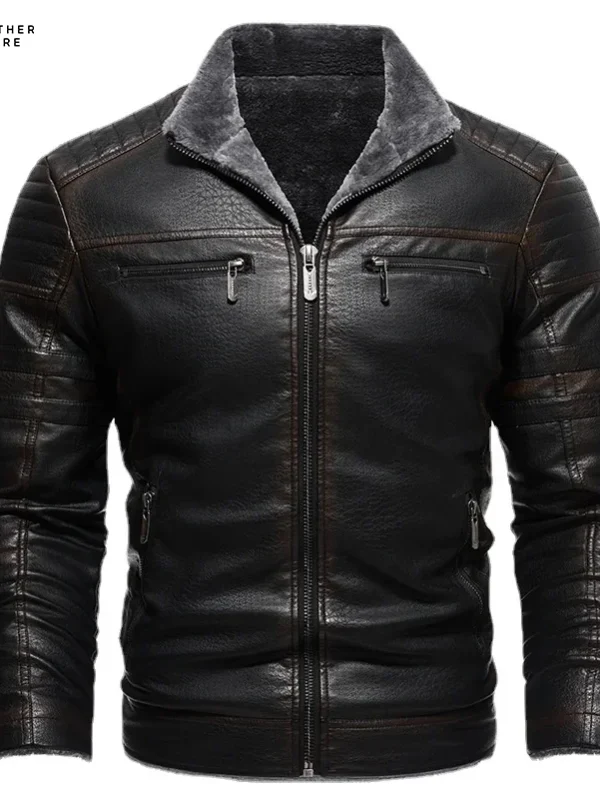 Winter Fleece Men’s Leather Jacket Warm Vintage Solid Thicken Motorcycles Coat Autumn Male Win