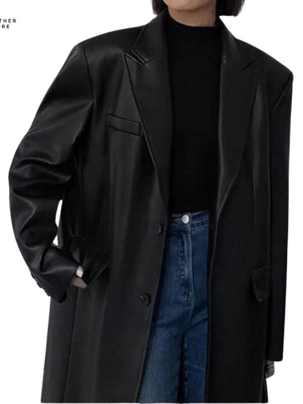 Women’s Long Coat – Leather, Turn-Down Collar, Cool Girl Approved.