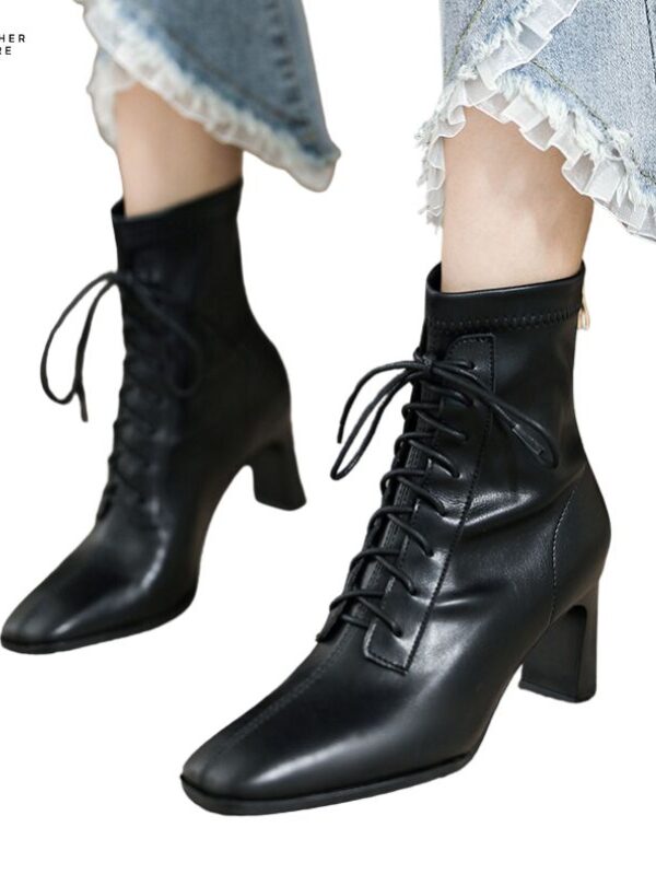 Women’s Square Toe High Heel PU Leather Ankle Boots