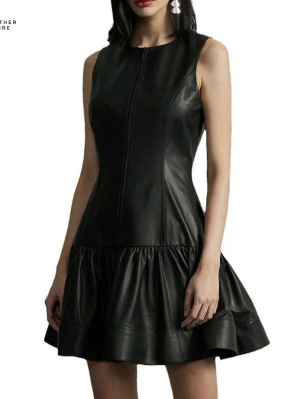 Black-Genuine-Sheepskin-Leather-Womens-High-Quality-Sleeveless-Pleated-Mini-Dress