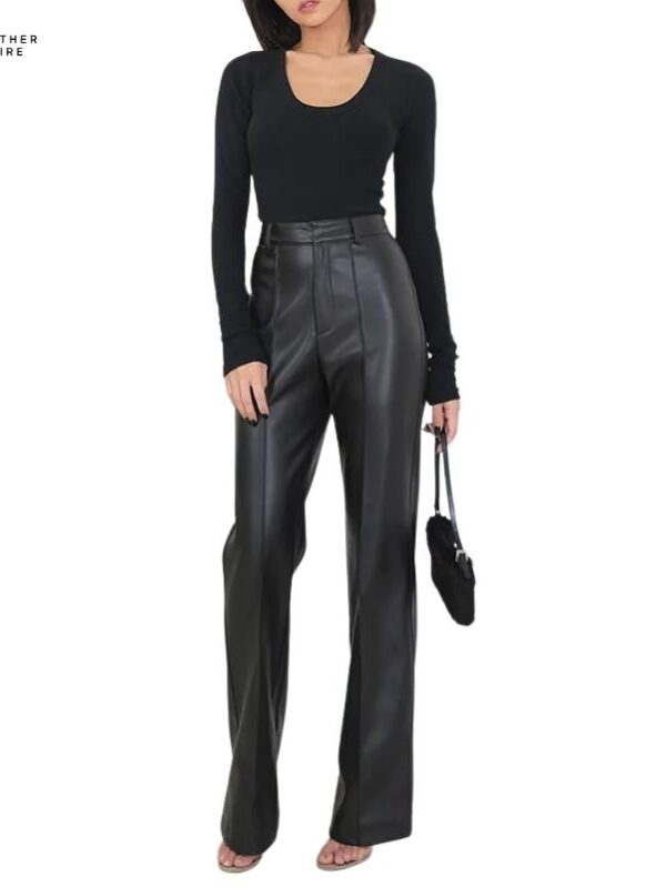 Casual Loose Black Genuine Leather Women’s Trousers