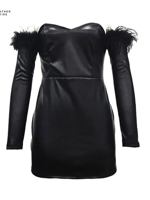 Evening-Allure-Short-Sleeved-PU-Leather-Dress-with-Feathers