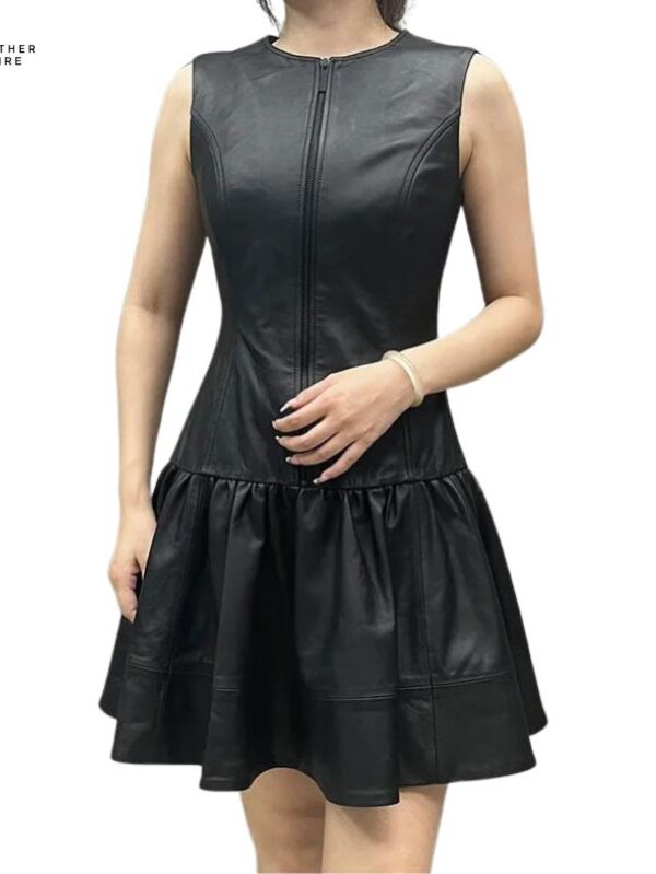 Sleeveless Black Genuine Sheepskin Leather Mini Dress for Women High Quality