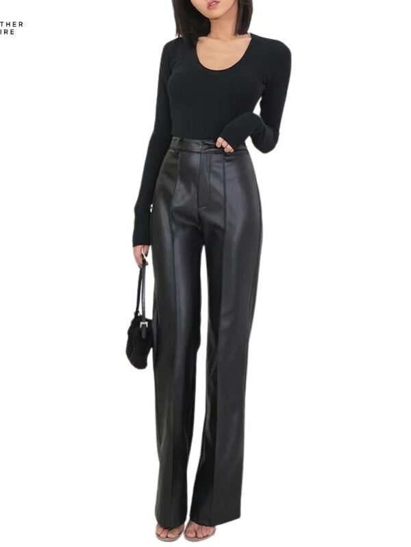 Women’s Casual Loose Fit Black Leather Trousers