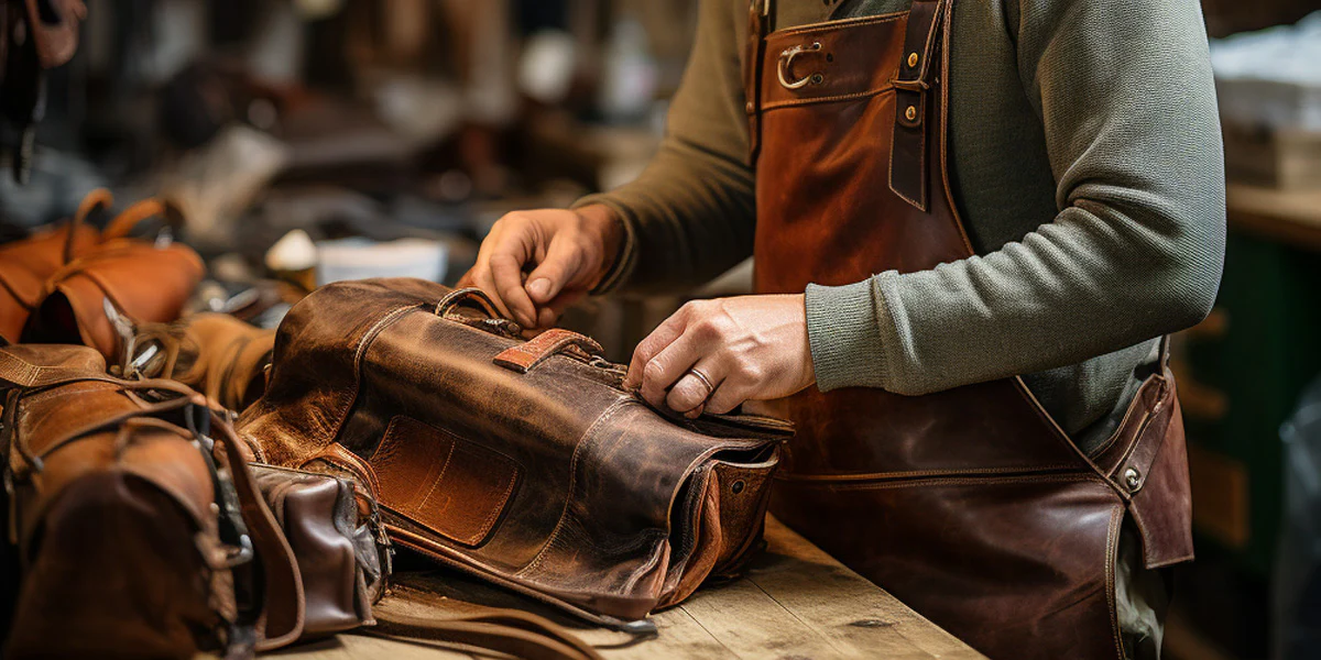 man cleaning leather bag with mold