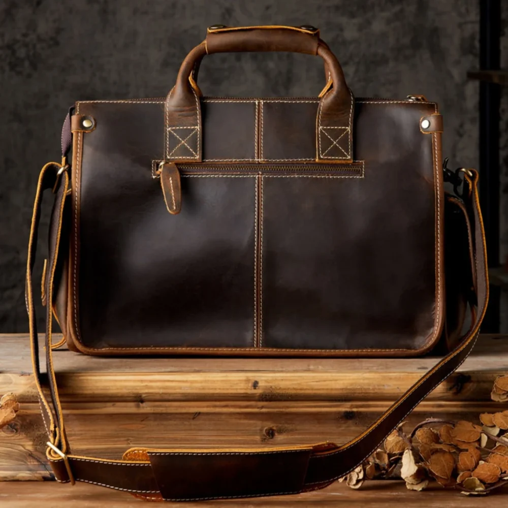 Genuine Leather Business Briefcase for 13.3 Inch Laptops Vintage Handbag