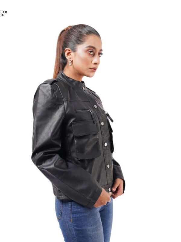 Chic Women Leather Jacket with Front Button and Full Sleeve Style