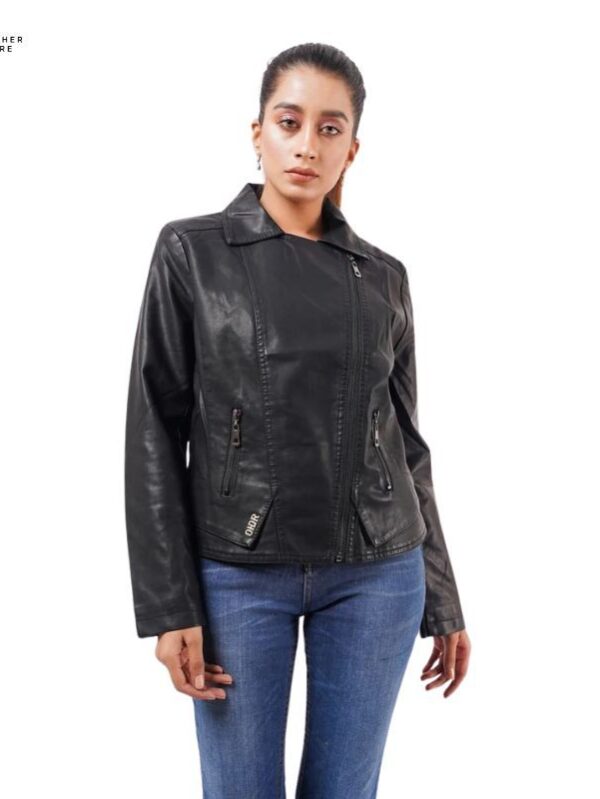 Elegant Women Leather Jacket with Full Sleeves and Front Zip