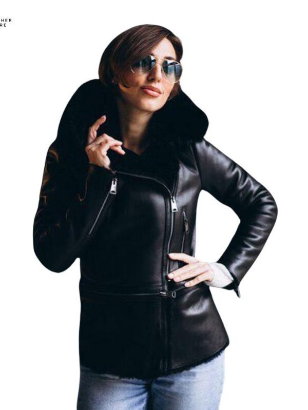 Slim Fit Leather Jacket for Women with Fur Collar