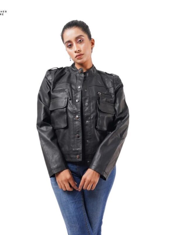 Trendy Front Button Leather Jacket for Women with Full Sleeves