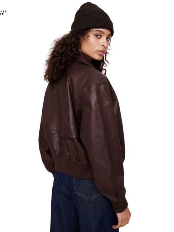 Women Leather Jacket Featuring V Neck and Long Sleeves in Cropped Style