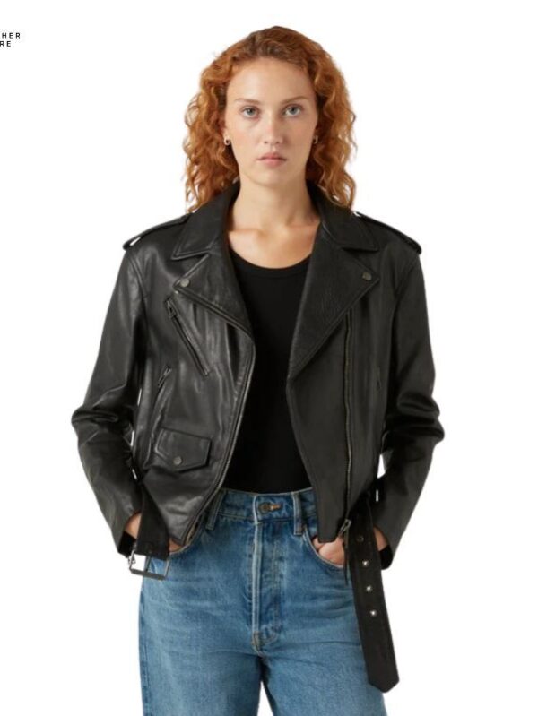 Modern black cropped leather bomber jacket for women